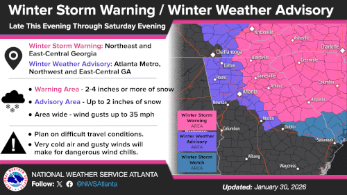 Winter Storm Warning in effect for northeast Georgia this weekend